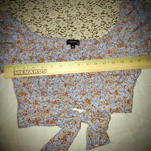 EUC Sz M Floral Tie-Back Puff Sleeve Crop Top Blue On Or Off Shoulder. Boho - Picture 8 of 10